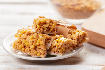 Granola bar on wooden background