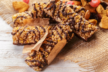 Granola bar on wooden background