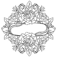 vector contour rose flowers bud leaf branch coloring book pattern elements border frame