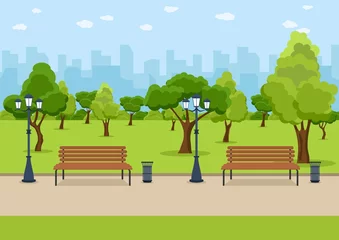 Poster City Park wooden bench, lawn and trees, trash can. Walkway and Street light. Town and city park landscape nature. Vector illustration © photoplotnikov