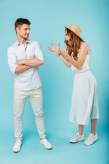 Angry caucasian loving couple friends quarrel.