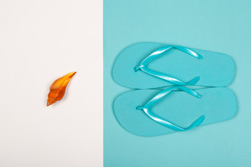 Beach flip flop on color background