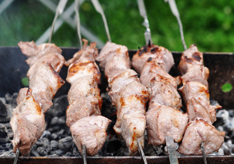 Barbecue grill meat, close-up, cook outdoor
