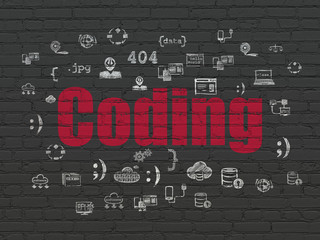 Software concept: Painted red text Coding on Black Brick wall background with  Hand Drawn Programming Icons