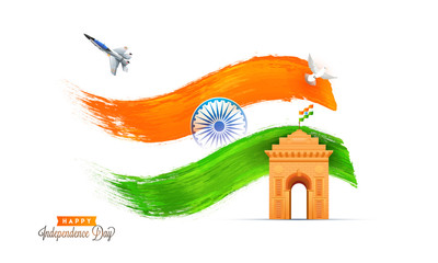 Happy Independence Day, banner, poster or flyer design with India Gate, Indian flag waving, fighter aircraft, dove flying and Ashoka Chakra.