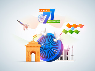 Stylish text 71 years of Freedom, banner, poster or flyer design with India Gate, Taj Mahal, Indian flag waving, fighter aircraft and Ashoka Chakra. Upto 60-80% discount offers.