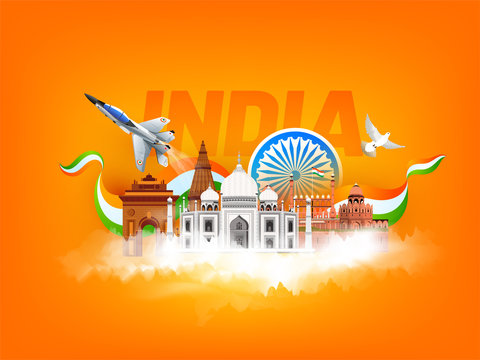 Indian famous monuments, India Gate, Taj Mahal, Red Fort, Fighter aircraft and peace symbol flying dove on saffron color background with text India.