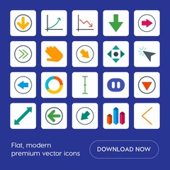 Modern Simple Set of arrows, charts, video, cursors Vector flat Icons. Contains such Icons as pointer,  business, arrow,  up, bar,  cursor and more on blue background. Fully Editable. Pixel Perfect