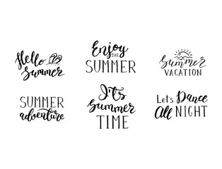 Vector summer lettering phrases set for postcards and posters isolated. Handwriting monochrome text quotes for summer holiday party, fun and adventure