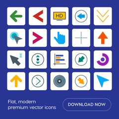 Modern Simple Set of arrows, charts, video, cursors Vector flat Icons. Contains such Icons as  hand, disc,  round,  television, right, hd and more on blue background. Fully Editable. Pixel Perfect