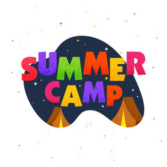 Stylish text Summer Camp with tents on night background.