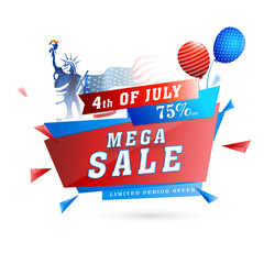 Mega Sale, upto 75% off for 4th of July, American Independence Day celebrations with Statue of Liberty.