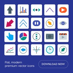 Modern Simple Set of arrows, charts, video, cursors Vector flat Icons. Contains such Icons as  people, clock,  previous,  cursor,  hour,  bar and more on blue background. Fully Editable. Pixel Perfect