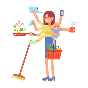 Super Mom - mother with baby, working, cooking, cleaning and make a shopping. Multitasking woman. Vector flat cartoon illustration. 