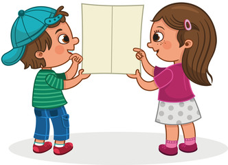 Two kids looking a empty leaflet for general use. Vector illustration.
