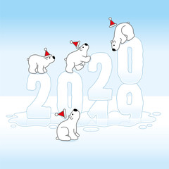 Four Santa Polar Bears Balancing on Changing Year 2019-2020 in Ice