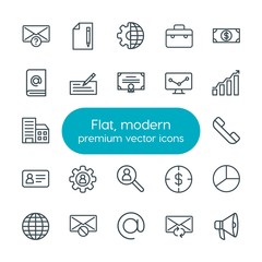 Modern Simple Set of business, charts, mobile, email Vector outline Icons. Contains such Icons as  business,  paper,  loudspeaker,  envelope and more on white background. Fully Editable. Pixel Perfect