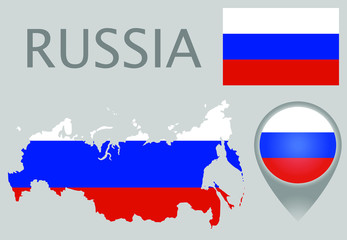 Colorful flag, map pointer and map of Russia in the colors of the Russian flag. High detail. Vector illustration