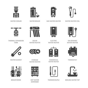 Water boiler, thermostat, electric gas solar heaters and other house heating appliances glyph icons. Equipment store signs. Solid silhouette pixel perfect 64x64.