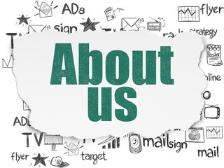 Advertising concept: Painted green text About Us on Torn Paper background with  Hand Drawn Marketing Icons