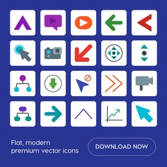Modern Simple Set of arrows, charts, video, cursors Vector flat Icons. Contains such Icons as right,  action,  film,  cursor,  video,  square and more on blue background. Fully Editable. Pixel Perfect