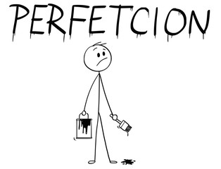 Cartoon stick man drawing conceptual illustration of businessman with brush and paint can painting or drawing the word perfection with spelling mistake.