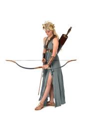 Obraz premium full length portrait of pretty blonde lady wearing fantasy toga gown, and holding a bow and arrow. standing pose on white background.