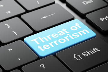 Fototapeta premium Political concept: computer keyboard with word Threat Of Terrorism, selected focus on enter button background, 3D rendering
