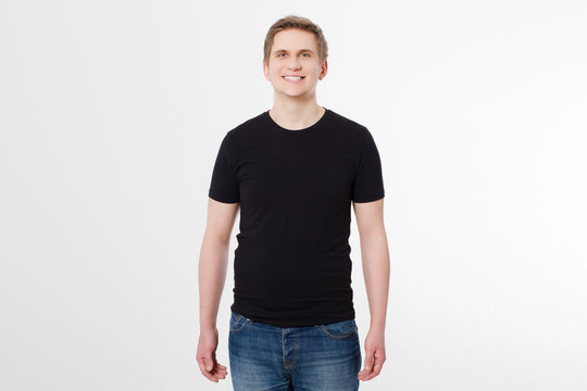 Young man wearing blank t-shirt isolated on white background. Copy space. Place for advertisement. Front shirt view. Summer clothes