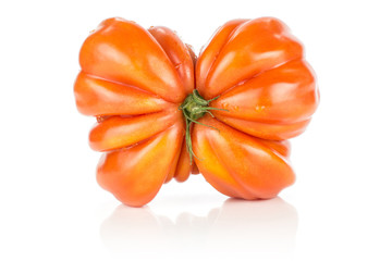 Beef tomato (butterfly shape) isolated on white background one big ripe red ribbing.
