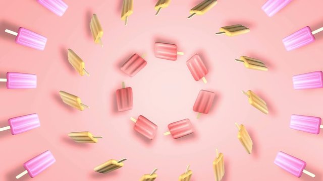 Abstract pastel colors popsicles rotating on pink background. 3D animation seamless loop.