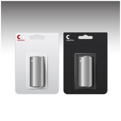 Set of Vector Glossy Alkaline C Batteries in White and Black Blister. Packed for your branding. Close up Isolated on White Background