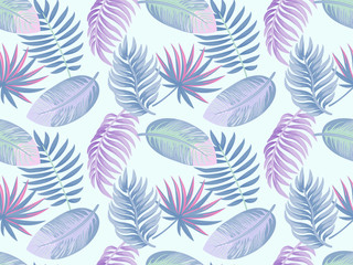 Fototapeta na wymiar Vector seamless tropical pattern with palm leaves and flowers on white background. Colourful floral illustration for textile, print, wallpapers, wrapping.