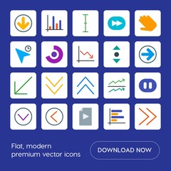 Modern Simple Set of arrows, charts, video, cursors Vector flat Icons. Contains such Icons as  data,  percentage,  circle,  arrow,  chart and more on blue background. Fully Editable. Pixel Perfect
