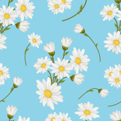 Naklejki  Seamless  pattern with white chamomiles  on light blue background. Vector floral illustration for textile, print, wallpapers, wrapping.