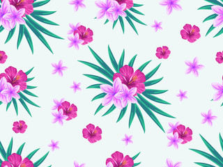 Vector seamless tropical pattern with palm leaves and flowers on white background. Colourful floral illustration for textile, print, wallpapers, wrapping.