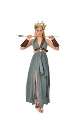 full length portrait of pretty blonde lady wearing fantasy toga gown,  and holding a bow and arrow. standing pose on white background.