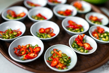 Asian cafe, chinese traditional fresh spicy hot chilli cuisine pepper