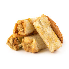 Dried shredded pork and baked bread isolated on a white background