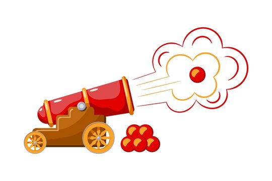 Vintage gun. Color image of medieval cannon firing on a white background. Cartoon style. The subject of war and aggression. Stock illustration