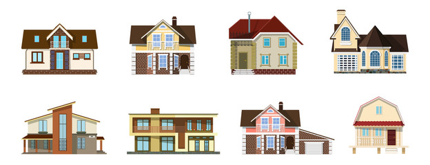 Collection of color images of cute cartoon houses on a white background. Set of small rural houses, isolated objects for design. Vector illustration