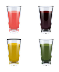 Color image of a collection of realistic glasses of smoothies on a white background. Isolated objects. Healthy eating. Vector illustration