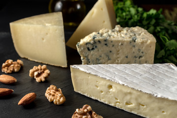 Different kinds of cheeses on black stone board with nuts and herbs.
