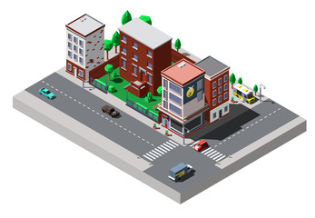 Vector isometric city buildings with cars and trees on the streets