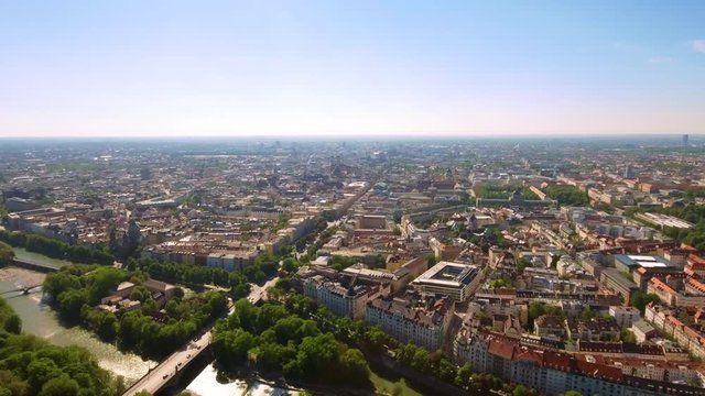 Munich Central Aerial Cityscape in Germany feat. Isar River and Downtown Buildings Skyline HD - 4K