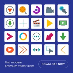 Modern Simple Set of arrows, charts, video, cursors Vector flat Icons. Contains such Icons as  technology,  entertainment,  presentation,  up and more on blue background. Fully Editable. Pixel Perfect