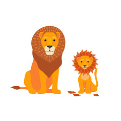 Lion and son family vector illustration. Happy Fathers Day. Cartoon safari postcard