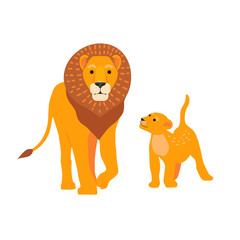 Lion and son family vector illustration. Happy Fathers Day. Cartoon safari postcard