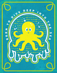 Sea poster. Vector emblem with octopus.