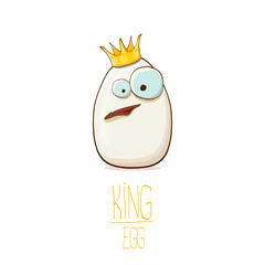 white egg king with crown cartoon characters isolated on white background. My name is egg vector concept illustration. funky farm food or easter king character with eyes and mouth